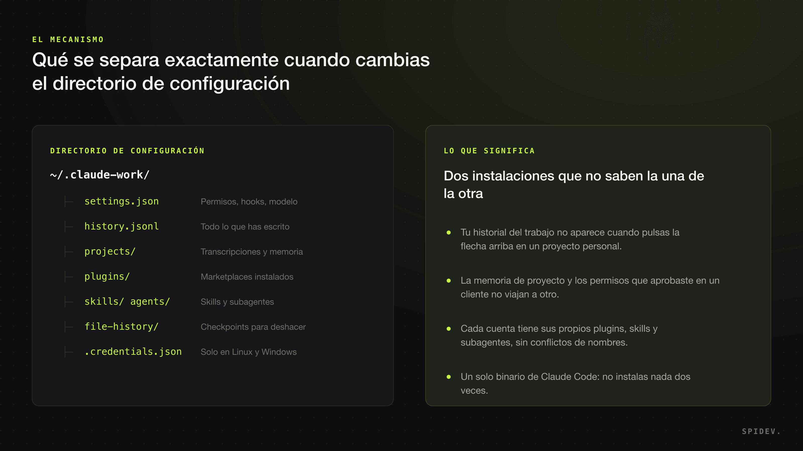 Diagrama del contenido de un directorio de configuración de Claude Code y lo que implica separarlo