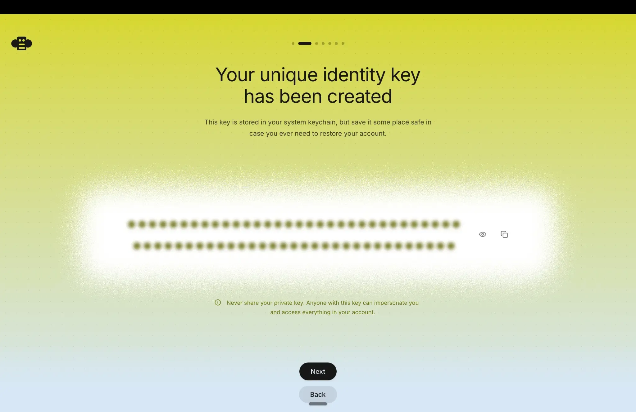 Buzz screen warning you to store the private identity key safely