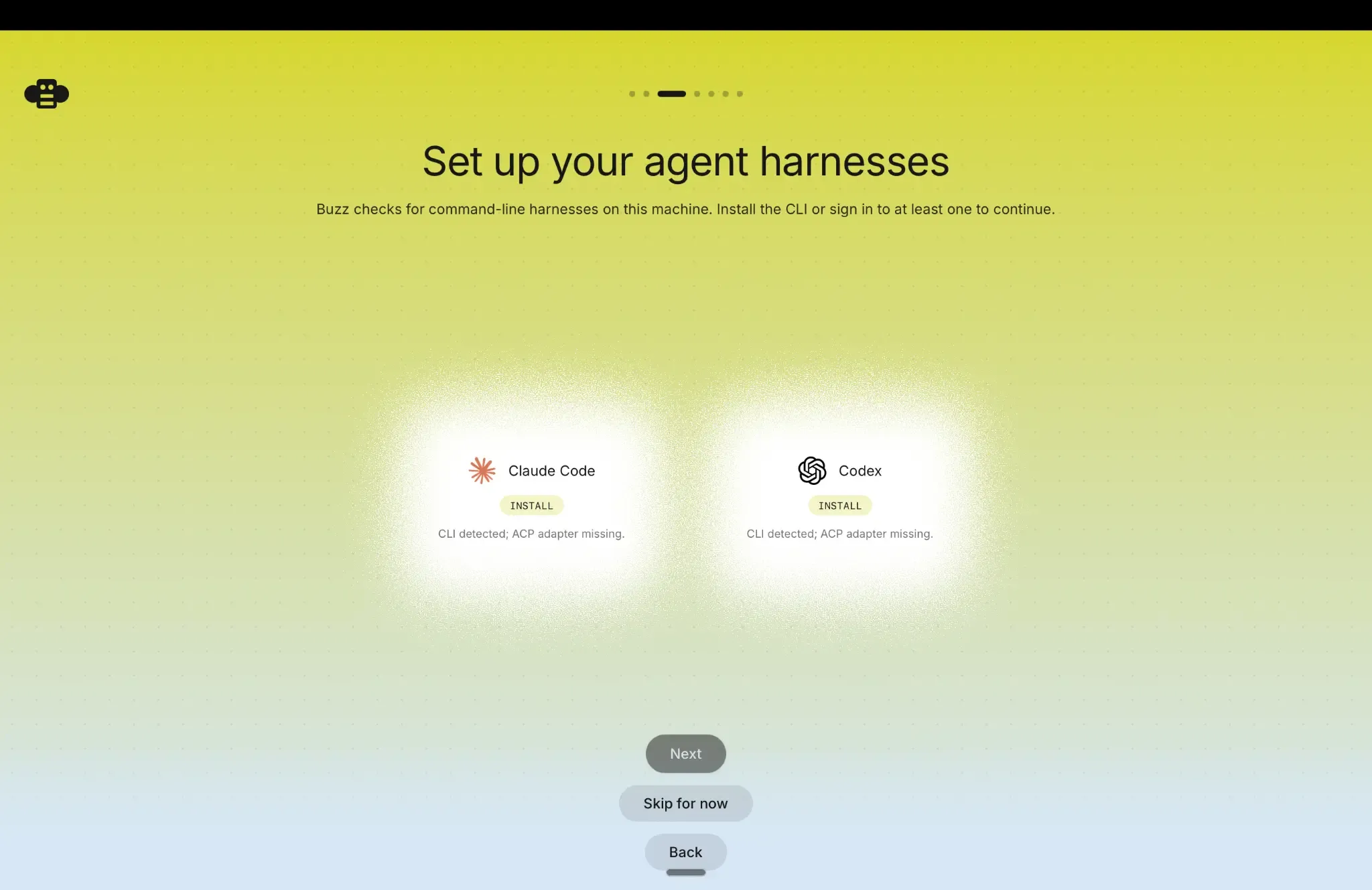 Buzz agent harness setup showing detected Claude Code and Codex CLIs