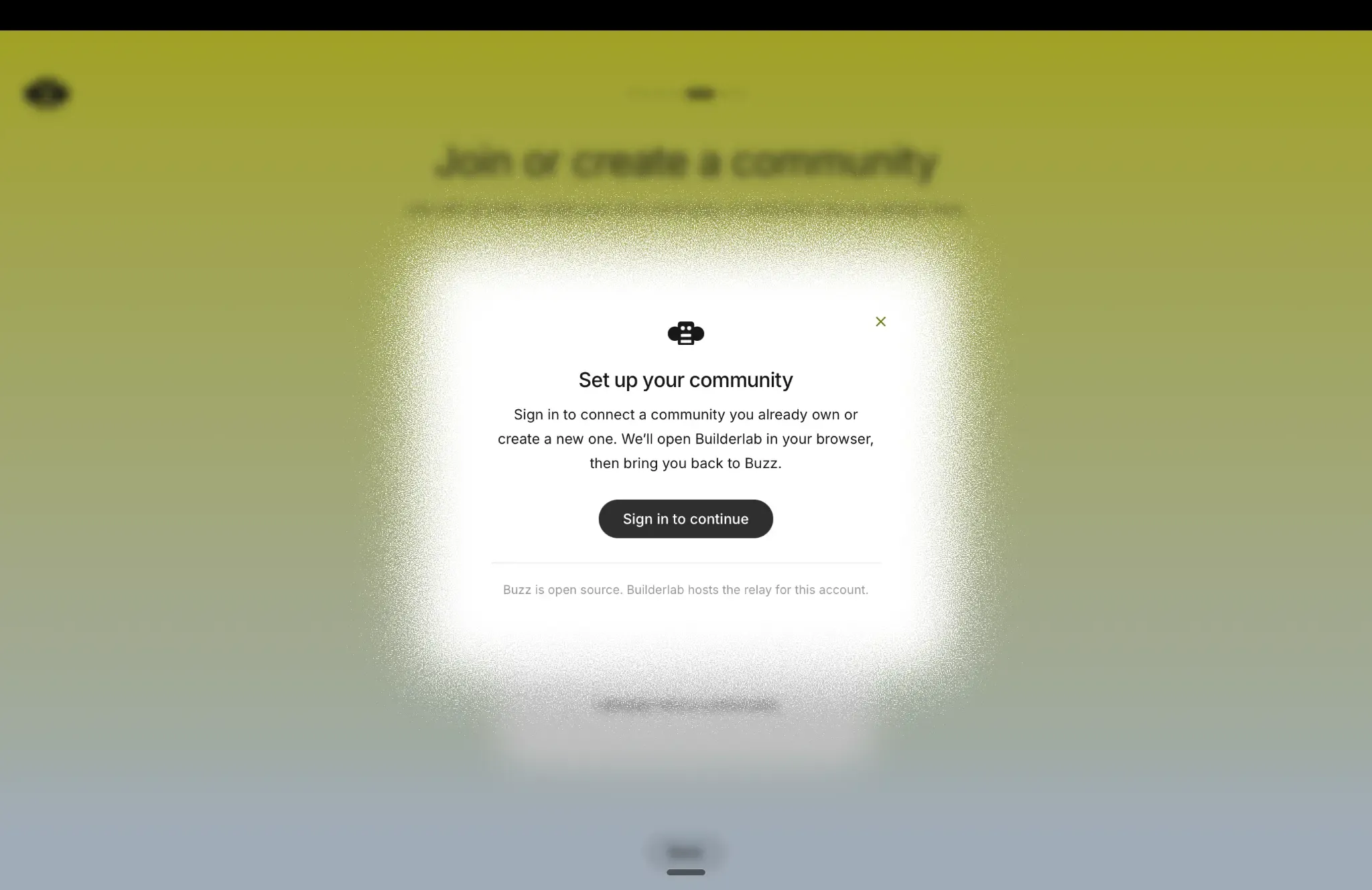 Buzz modal explaining that Builderlab will set up the community