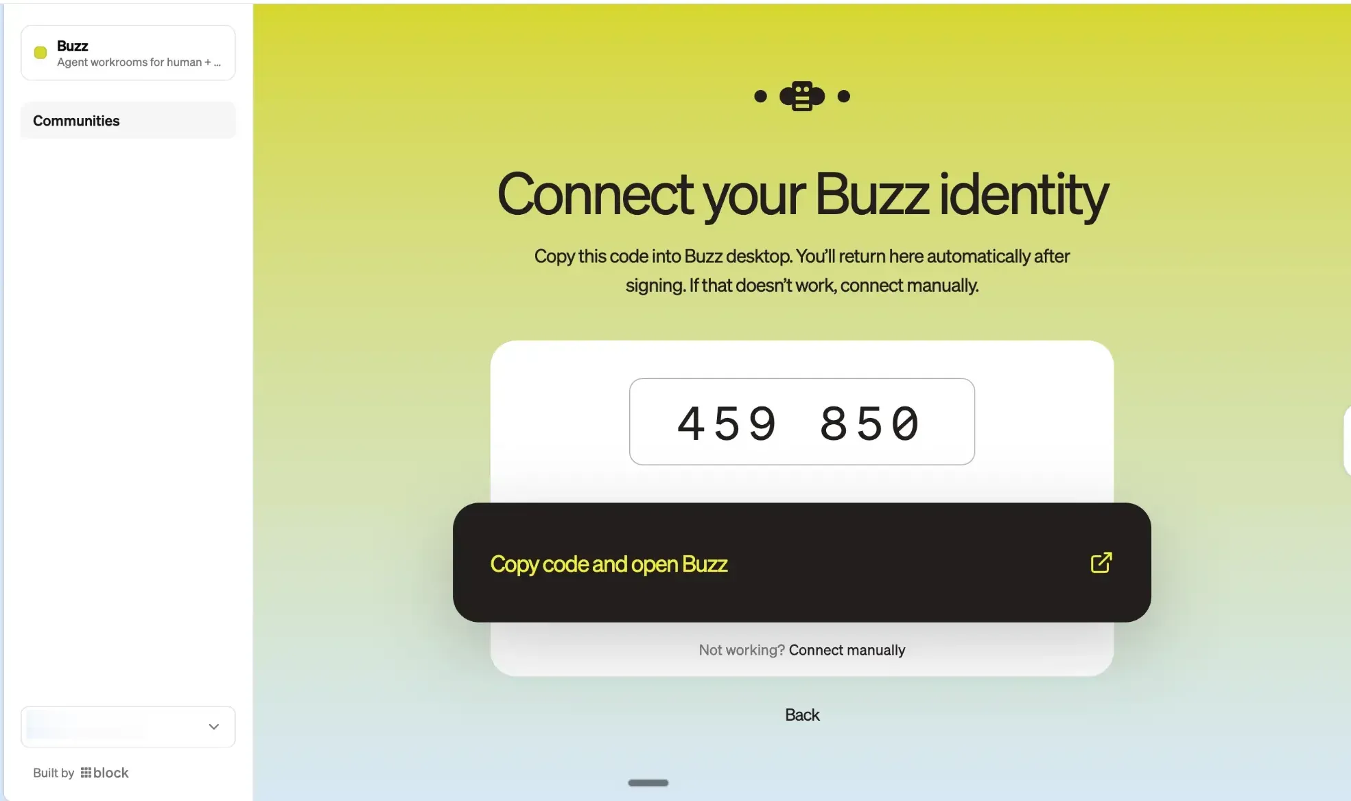 Builderlab screen showing a six-digit pairing code for the Buzz desktop app