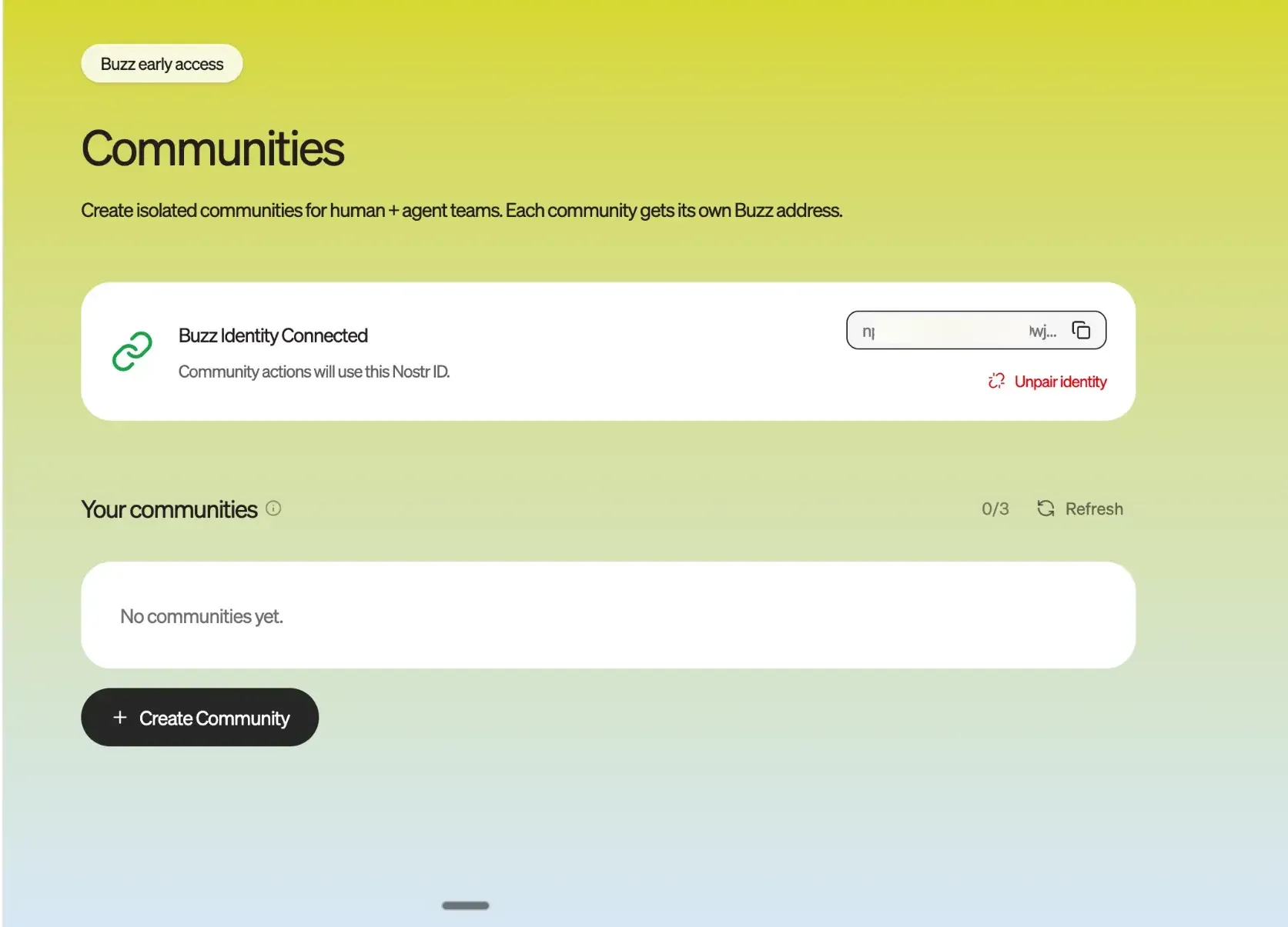 Builderlab dashboard confirming the Buzz identity is connected