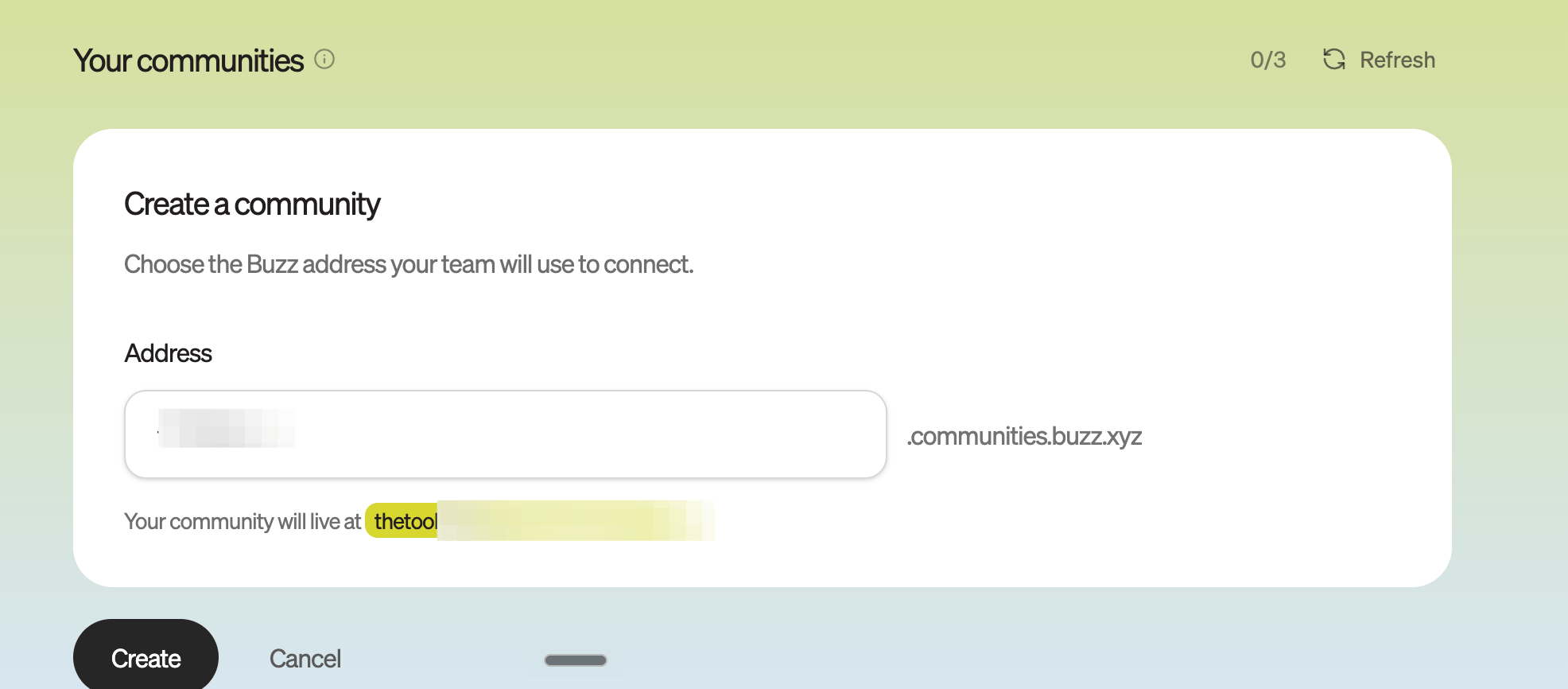 Builderlab form for naming a new Buzz community
