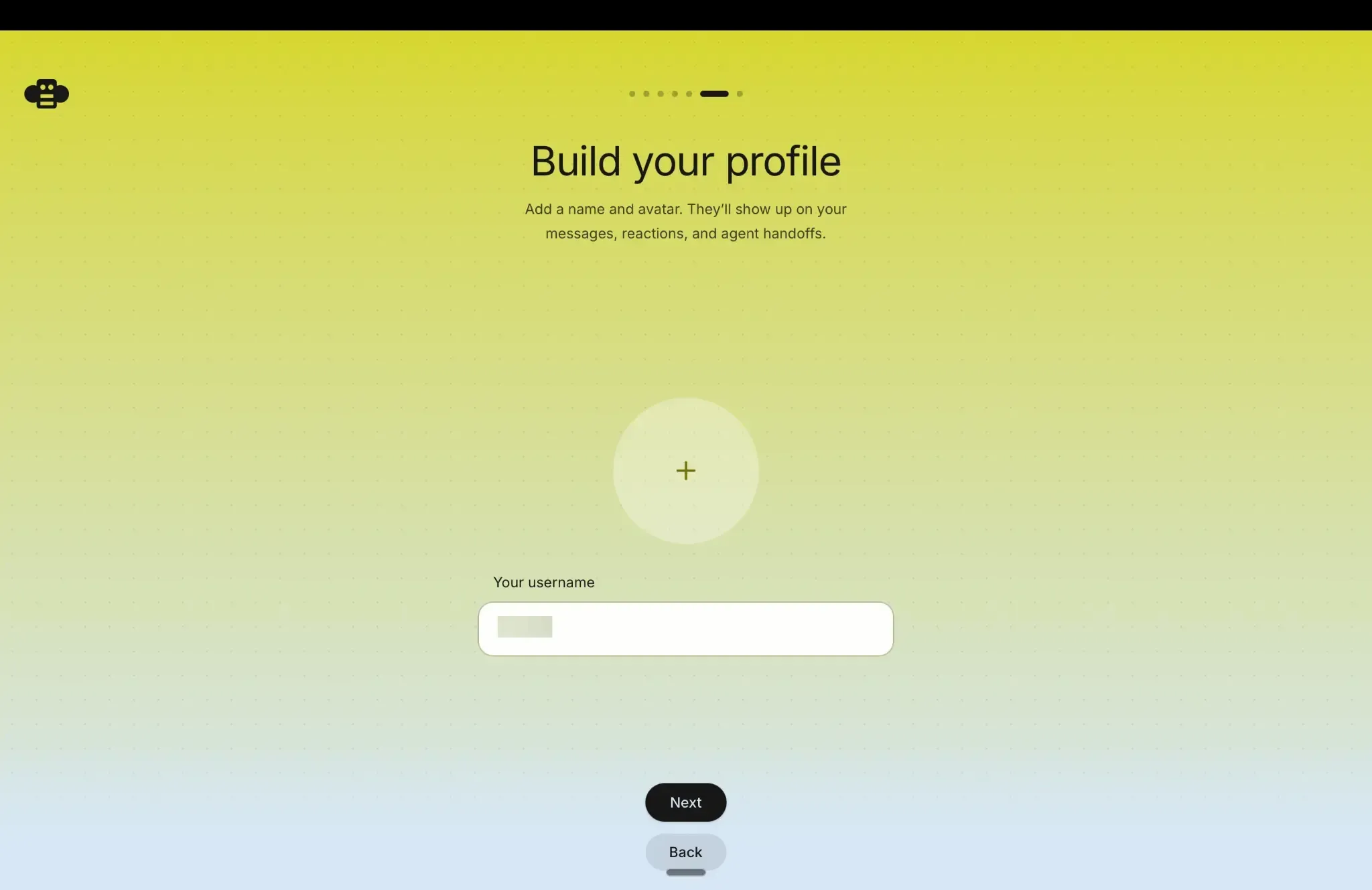 Buzz profile setup screen with the username field