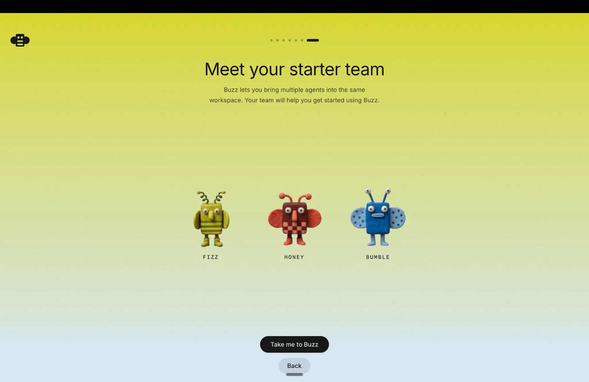 Buzz starter team screen showing Fizz, Honey and Bumble