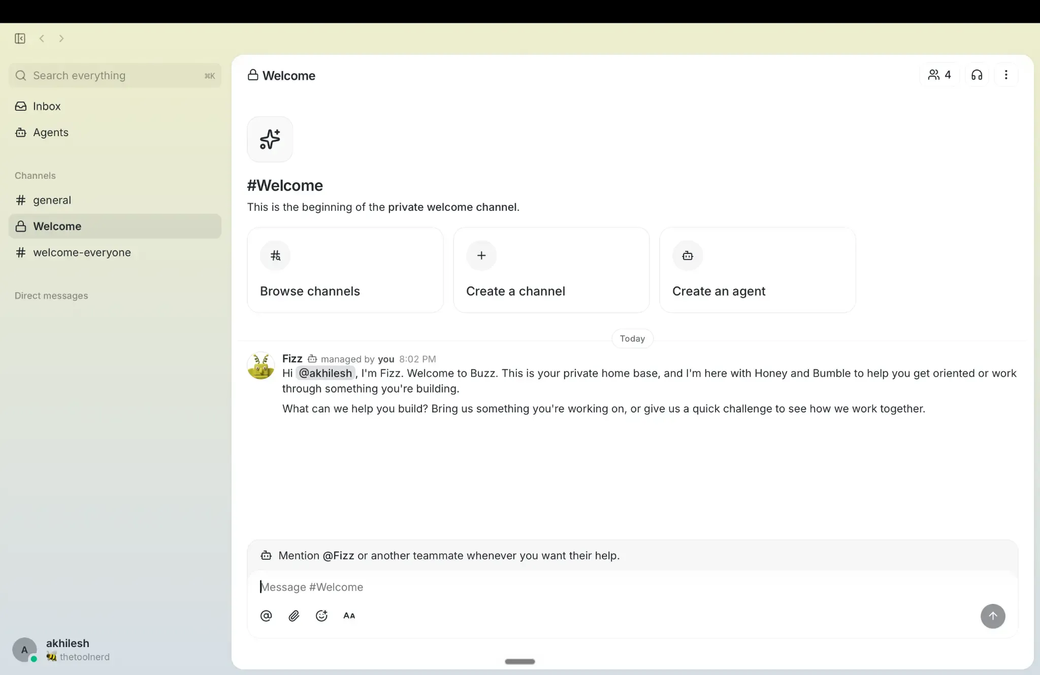 Buzz welcome channel with starter agent Fizz and quick actions