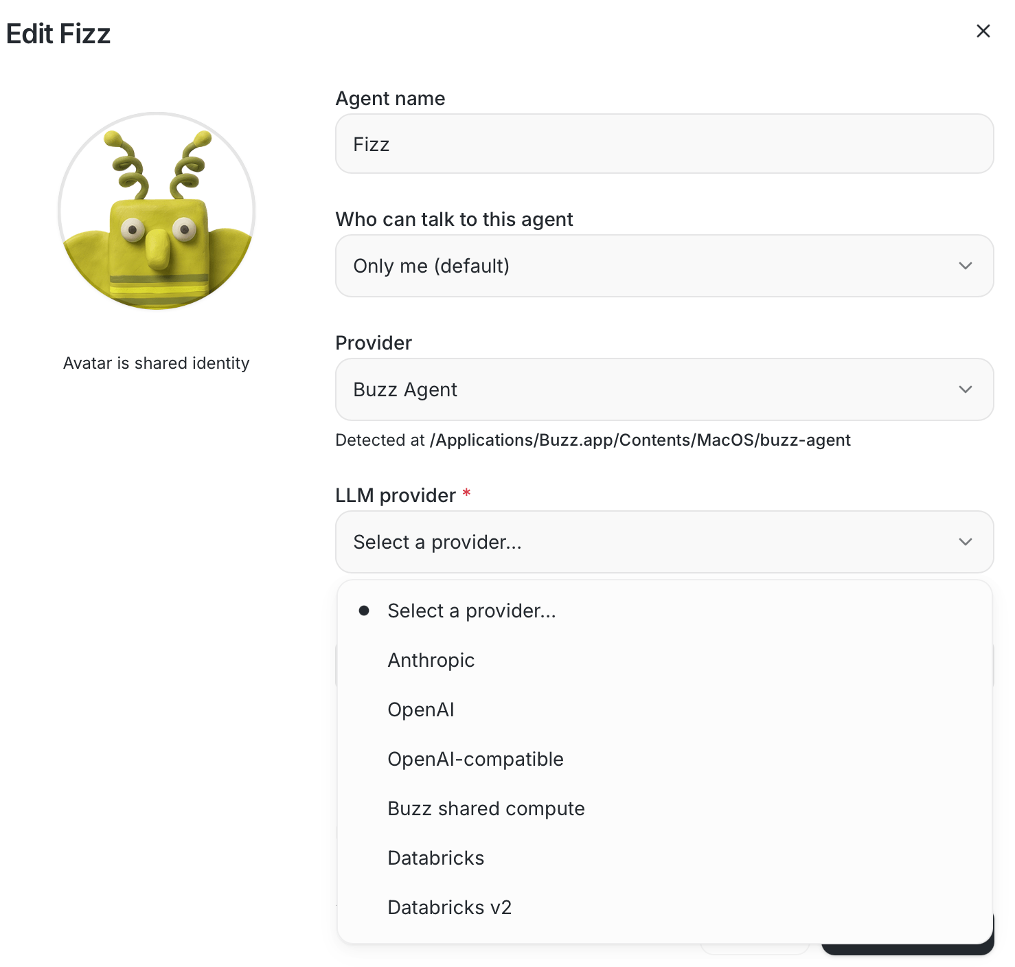 Buzz agent edit screen with the LLM provider menu open