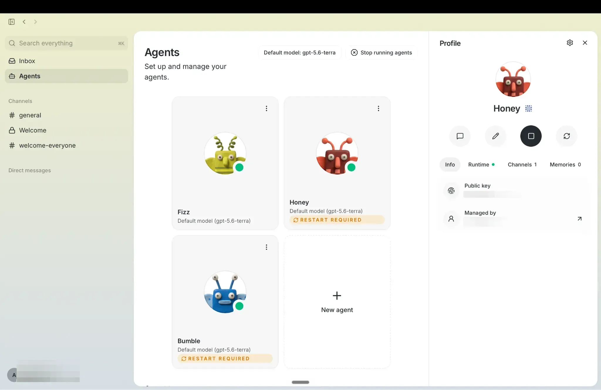 Buzz Agents page showing Fizz, Honey, Bumble and a new-agent card