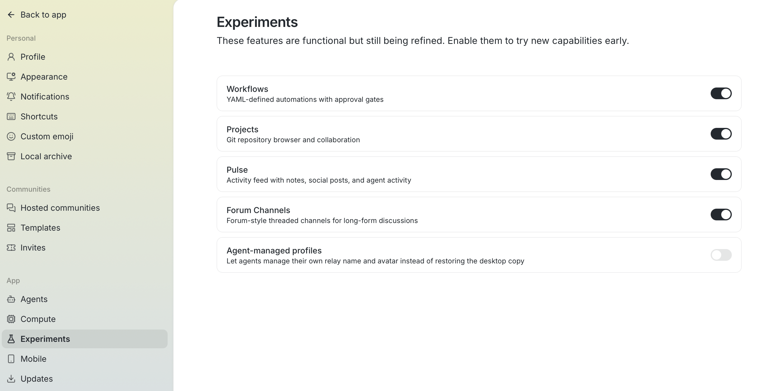 The Experiments panel in Buzz settings