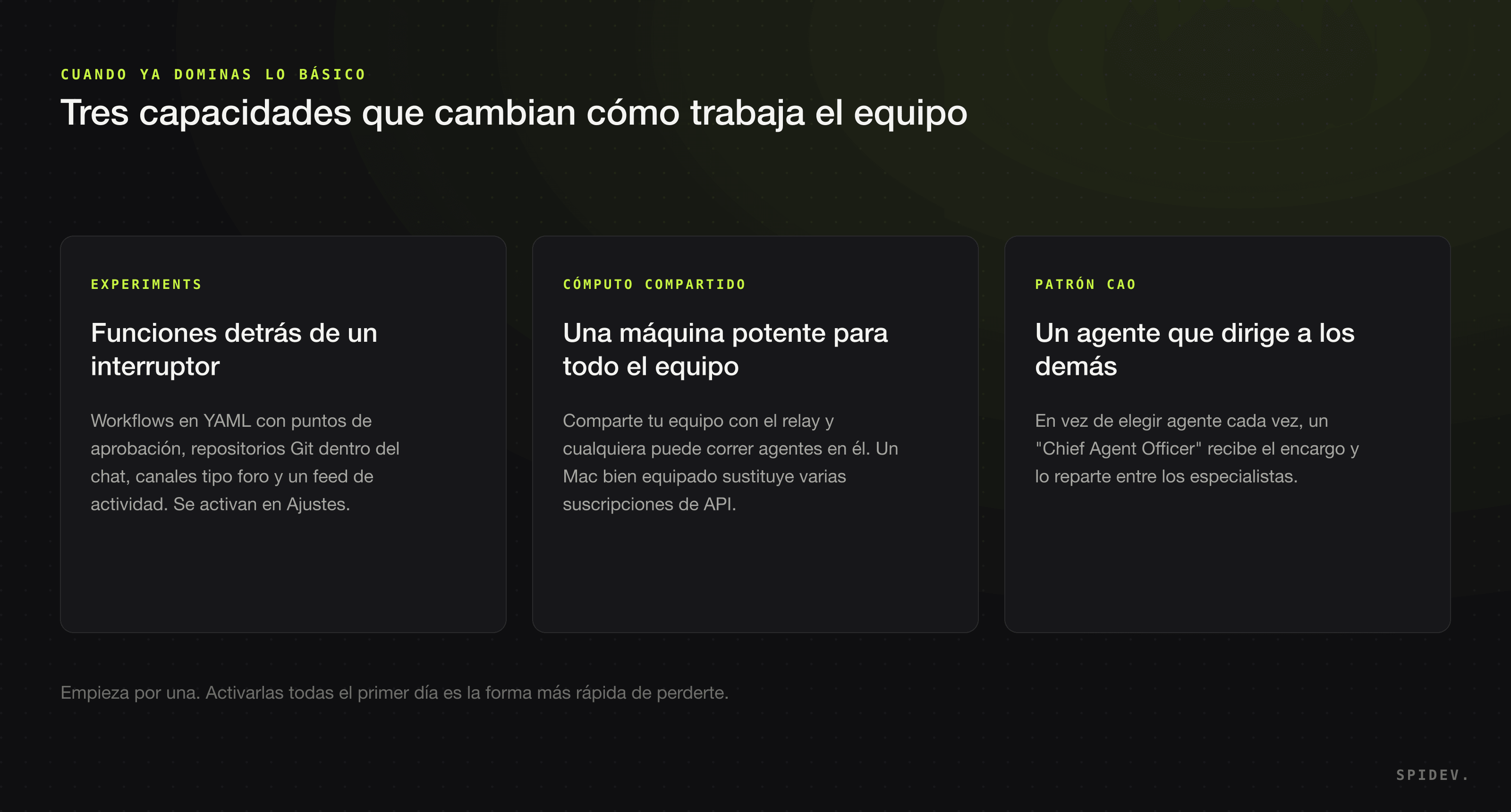 Tarjetas con tres capacidades avanzadas de Buzz: Experiments, cómputo compartido y el patrón Chief Agent Officer