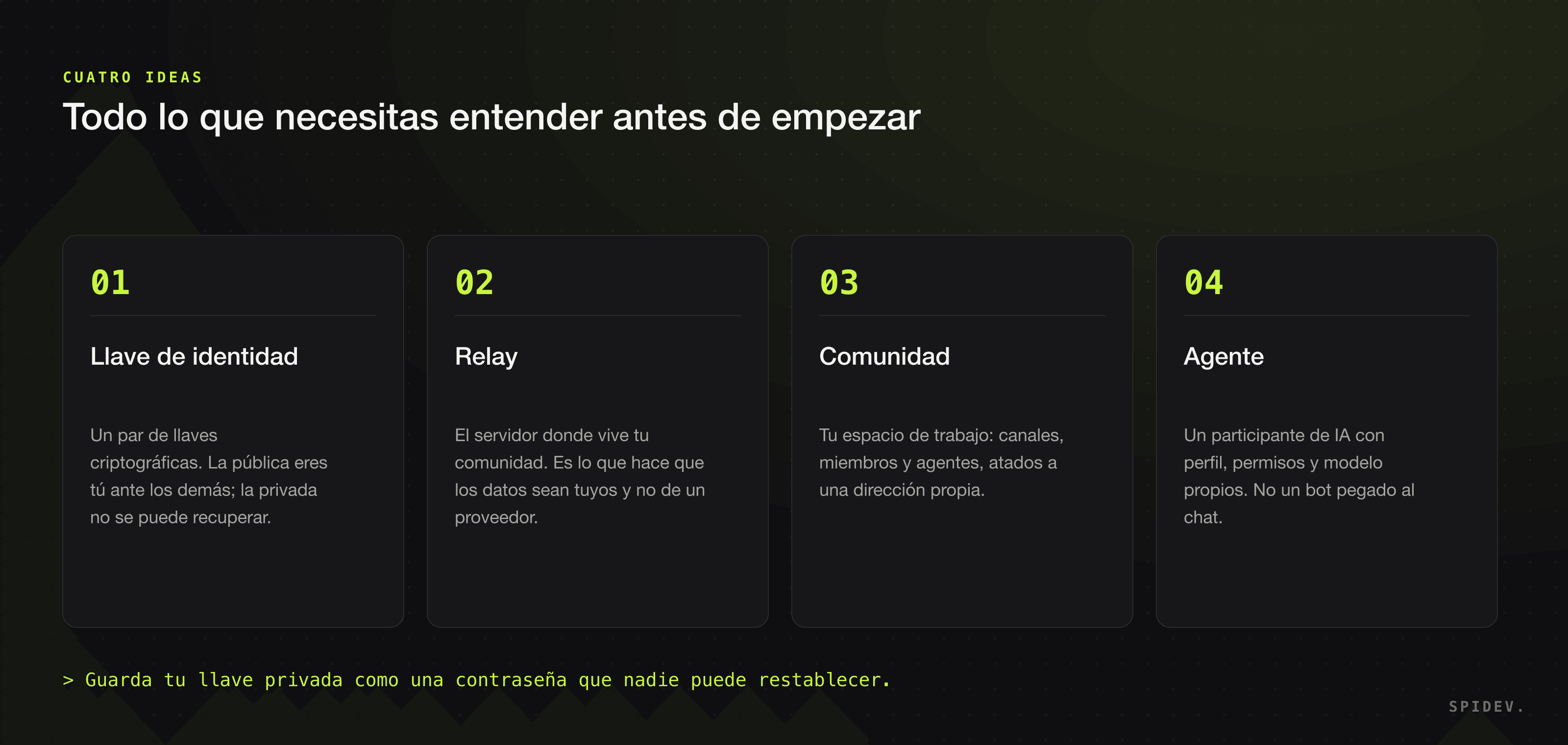 Tarjetas con los cuatro conceptos base de Buzz: llave de identidad, relay, comunidad y agente